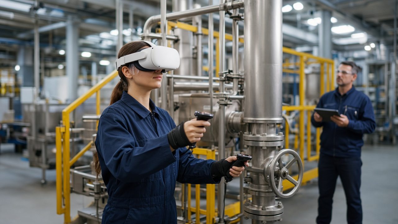 Team training at the plant with a headset