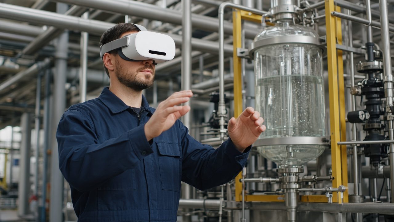 Technician practising in a headset beside the plant